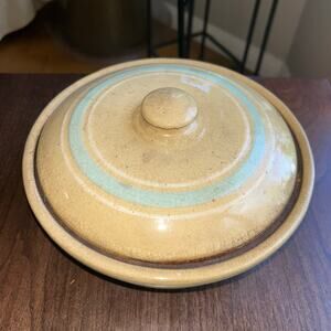 Vintage WATT Yellow Ware Baby Blue Stripe Casserole Dish w/Lid 8" Farmhouse Deco